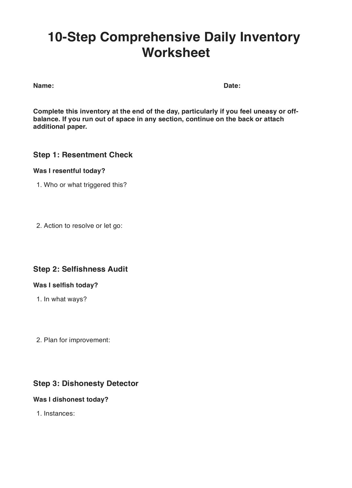 10-Step Inventory Worksheets with regard to Printable 10th Step Nightly Inventory Worksheet