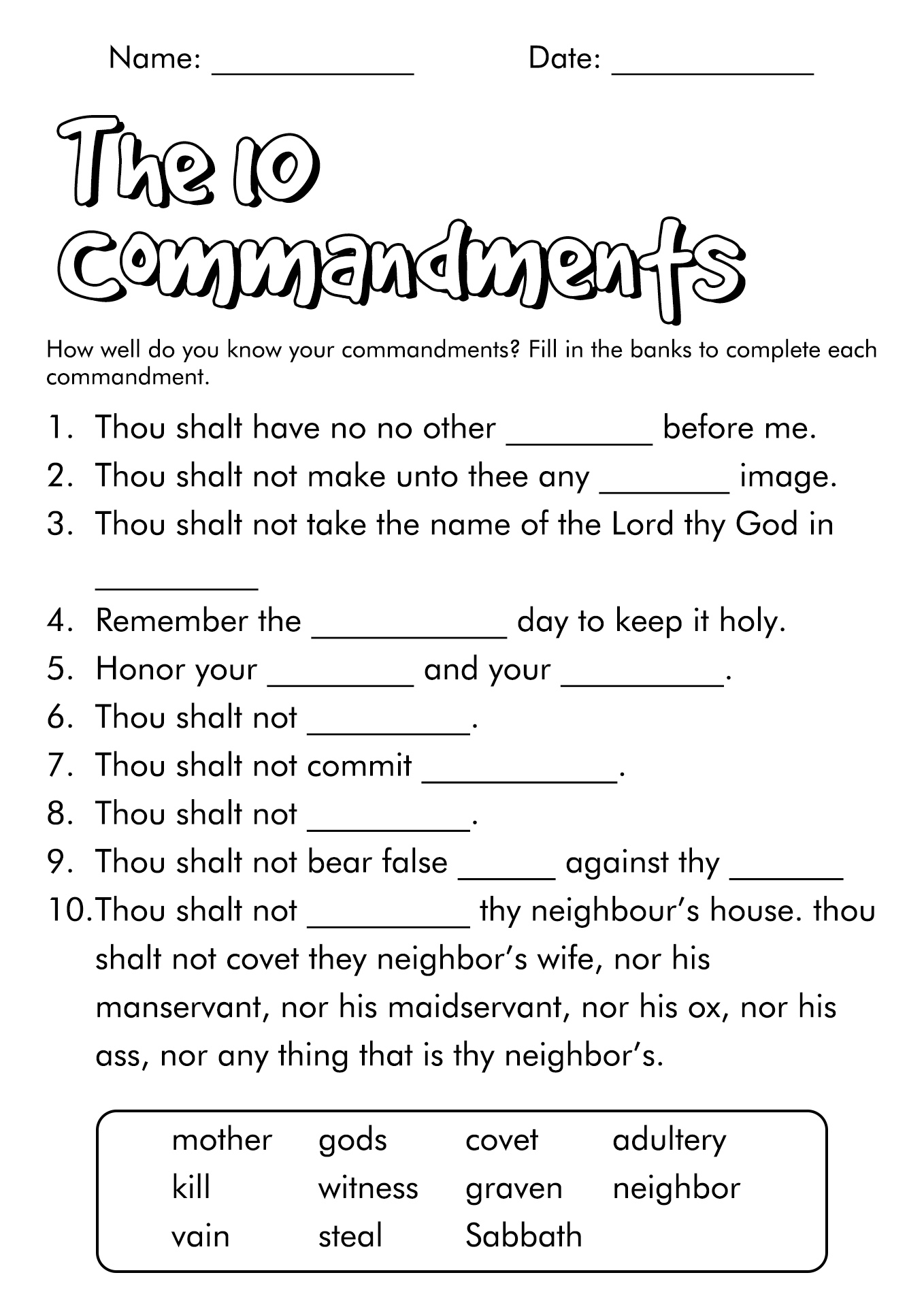 17 10 Commandments Blank Worksheet in Printable Ten Commandments Worksheet