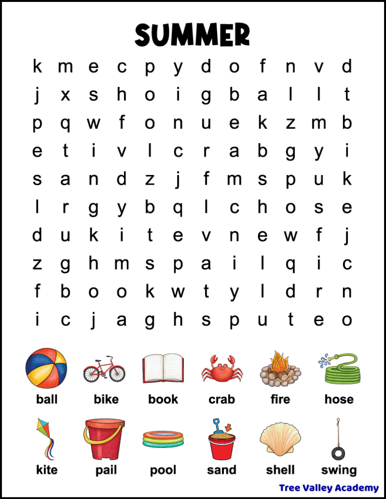 1St Grade Summer Word Search - Tree Valley Academy with 1st Grade Word Search Printable