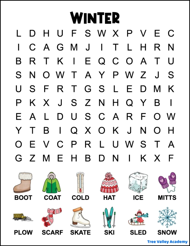 1St Grade Winter Word Search - Tree Valley Academy within 1St Grade Word Search Printable