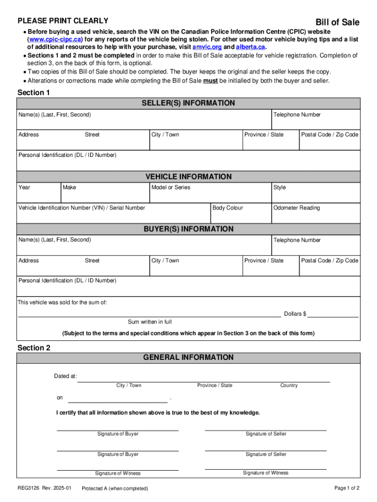 2025 Ca Alberta Form Reg3126 Fill Online, Printable, Fillable with Alberta Printable Bill of Sale
