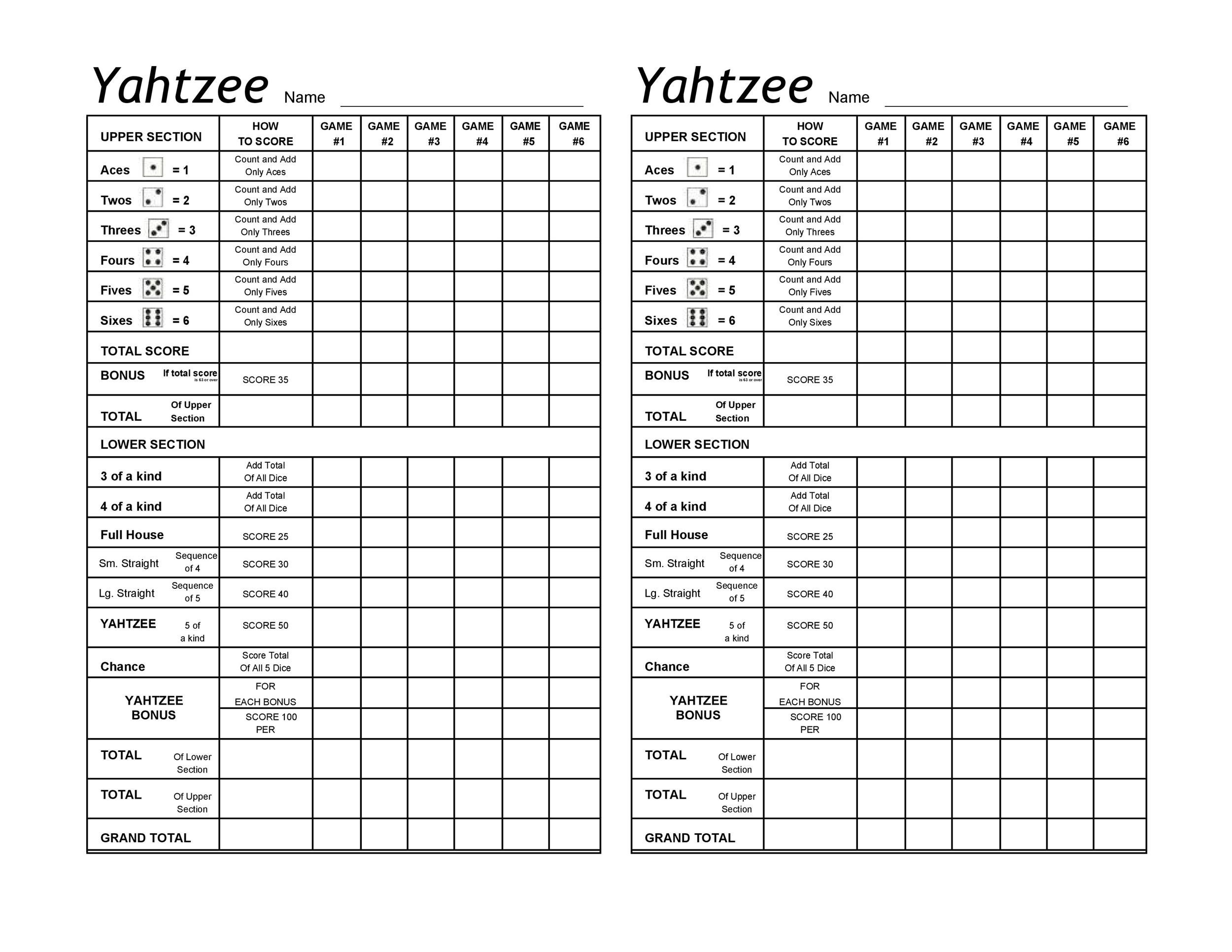 28 Printable Yahtzee Score Sheets & Cards (101% Free) ᐅ Templatelab with Yahtzee Score Sheets Free Printable