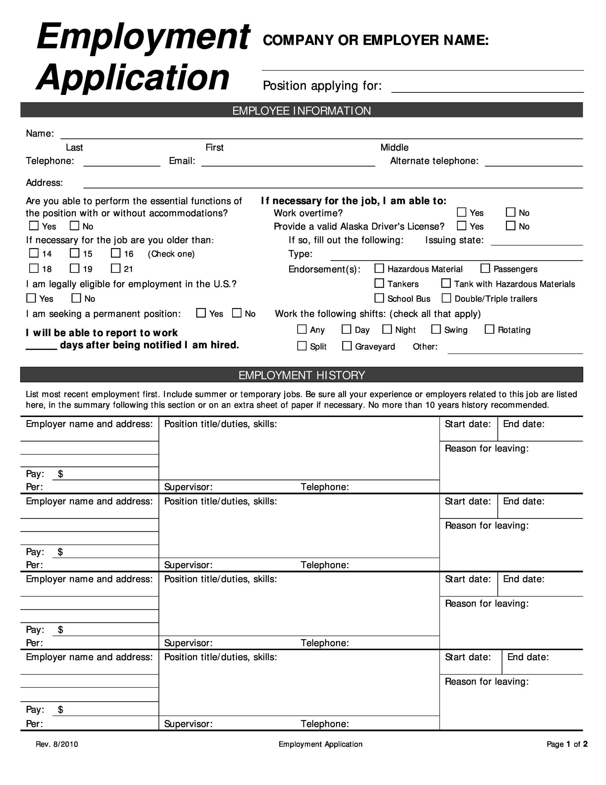 56 Free Employment &amp;amp; Job Application Form Templates [Printable] ᐅ with Free Printable Application For Employment