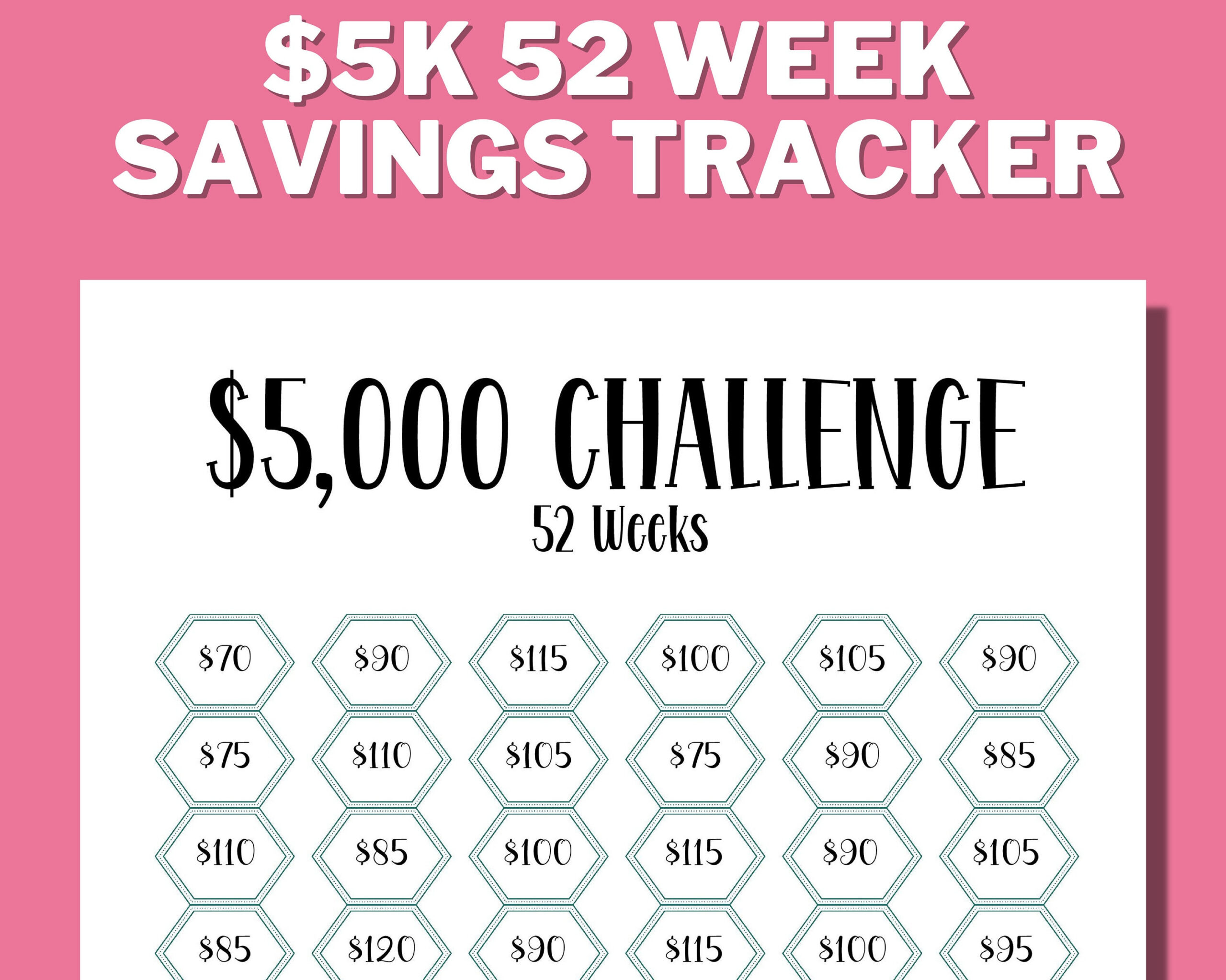 5K 52 Week Savings Challenge Printable, 5000 In 1 Year, 5K pertaining to Printable 52 Week Money Challenge