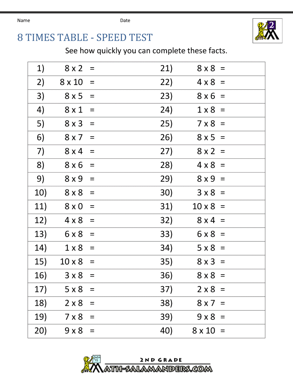8 Times Table regarding 8 Times Table Quiz Printable
