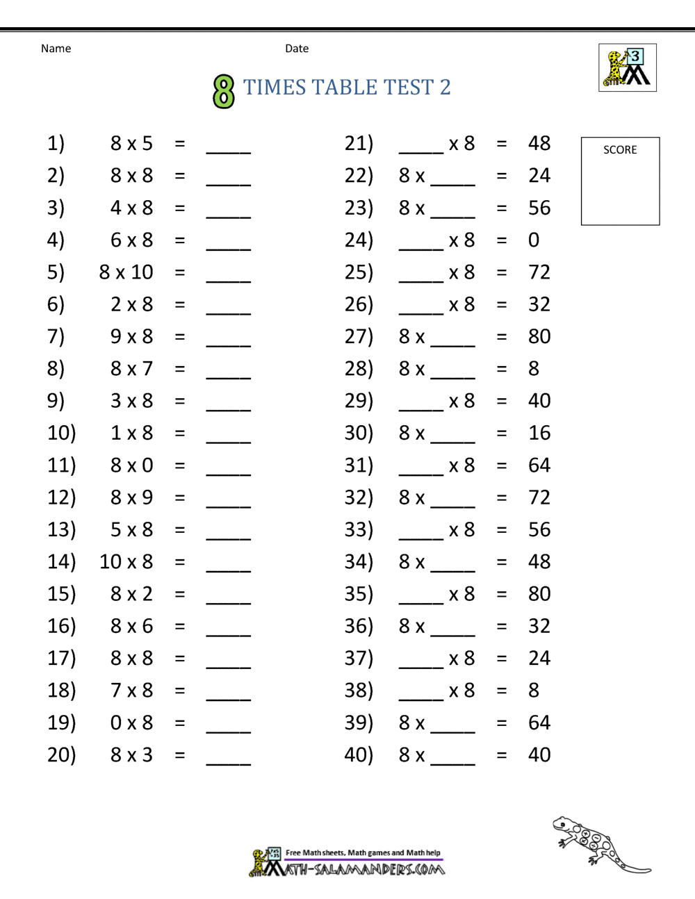 8 Times Table Worksheet Page throughout 8 Times Table Quiz Printable