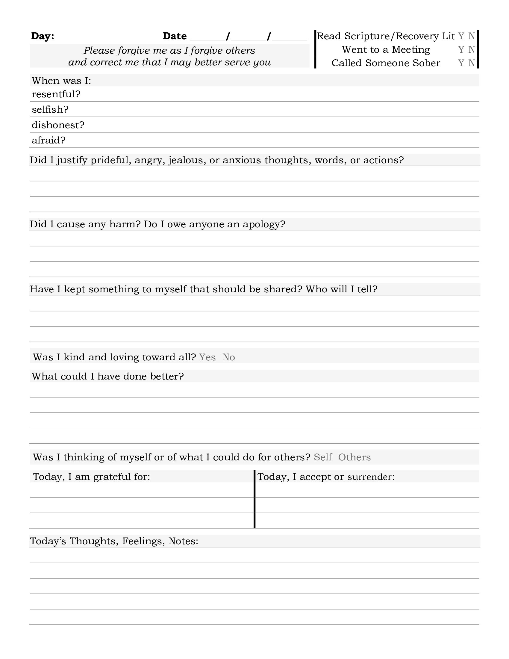 Aa Step 10 Nightly Inventory Worksheets - Worksheets Library pertaining to Printable 10th Step Nightly Inventory Worksheet