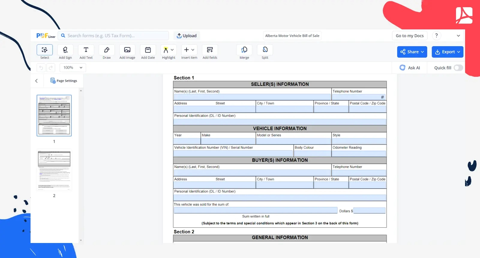 Alberta Motor Vehicle Bill Of Sale - Pdfliner Blank with Alberta Printable Bill of Sale