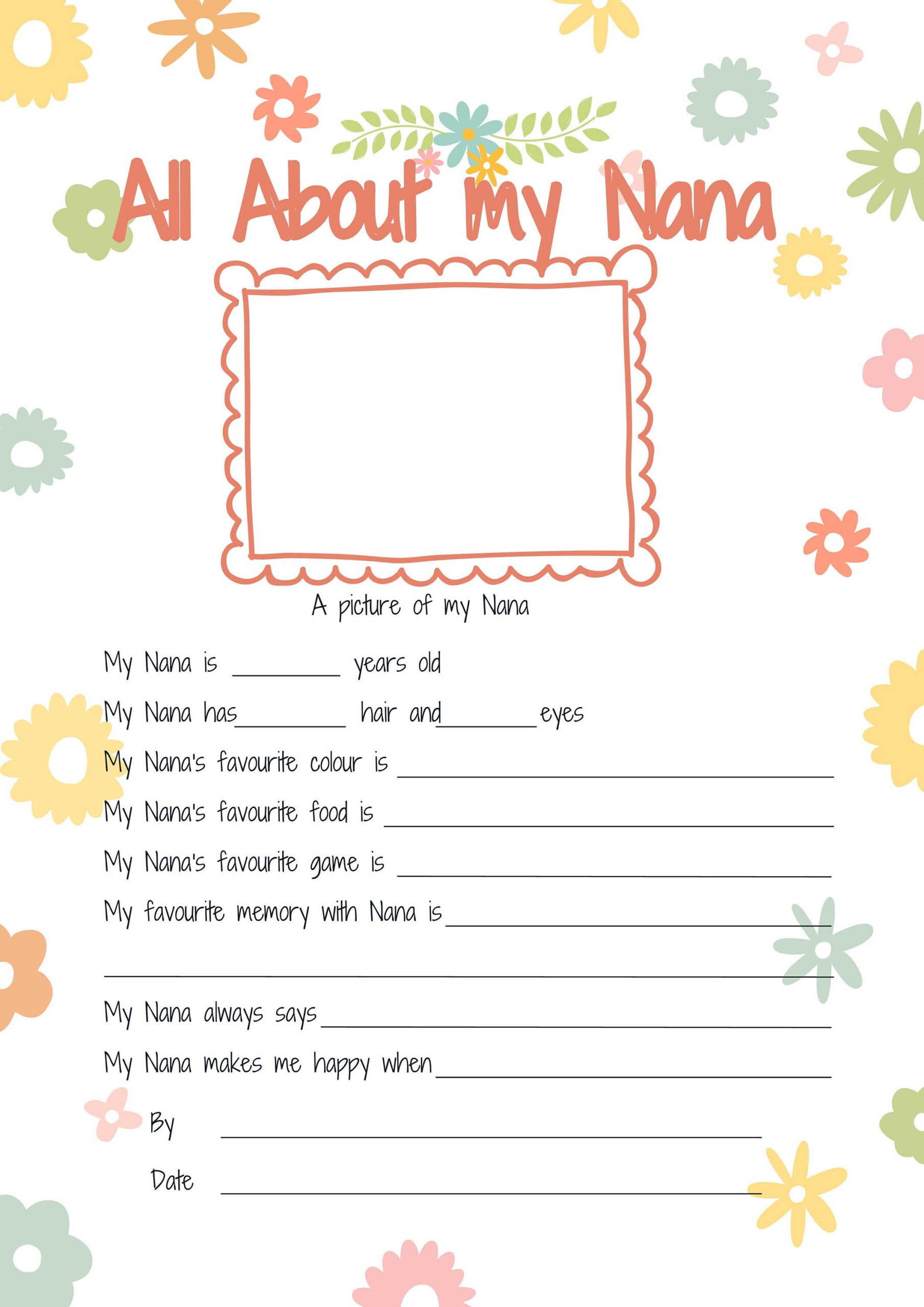 All About My Nana Printable Mothers Day Gift. Reasons I Love My inside All About My Nana Free Printable