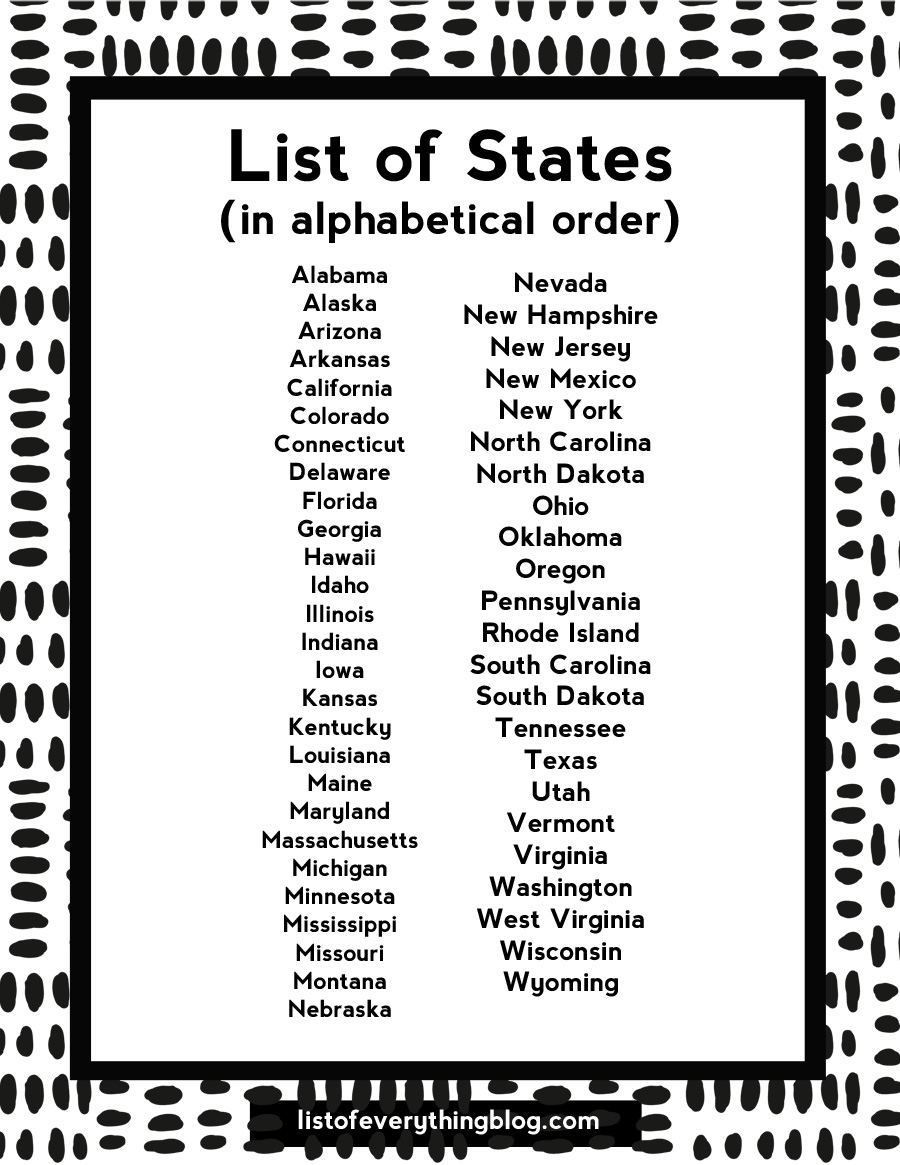 Alphabetical List Of The States intended for 50 States Alphabetical Order Printable
