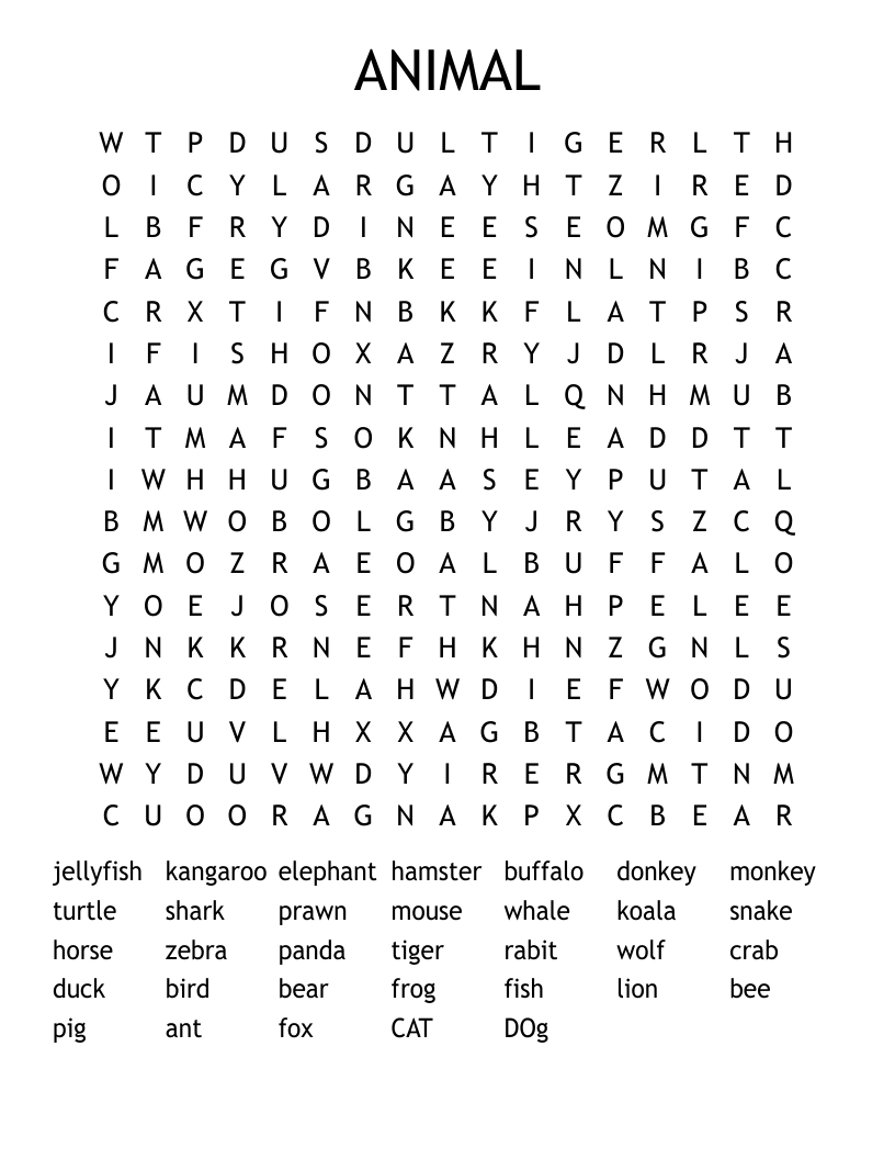 Animals Hard Word Search - Wordmint throughout Difficult Large Print Word Search Printable