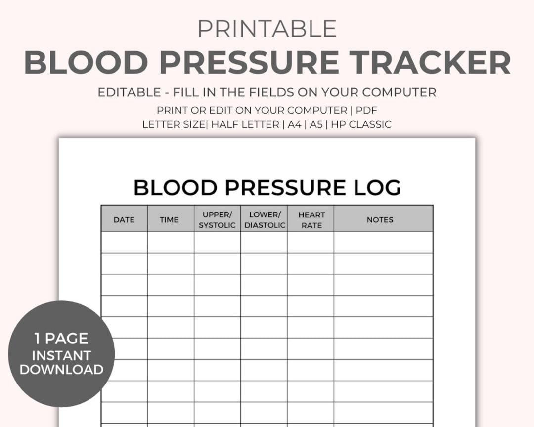Blood Pressure Chart Printable - Instant Download, Medical Tracker within Blood Pressure Printable Log Chart