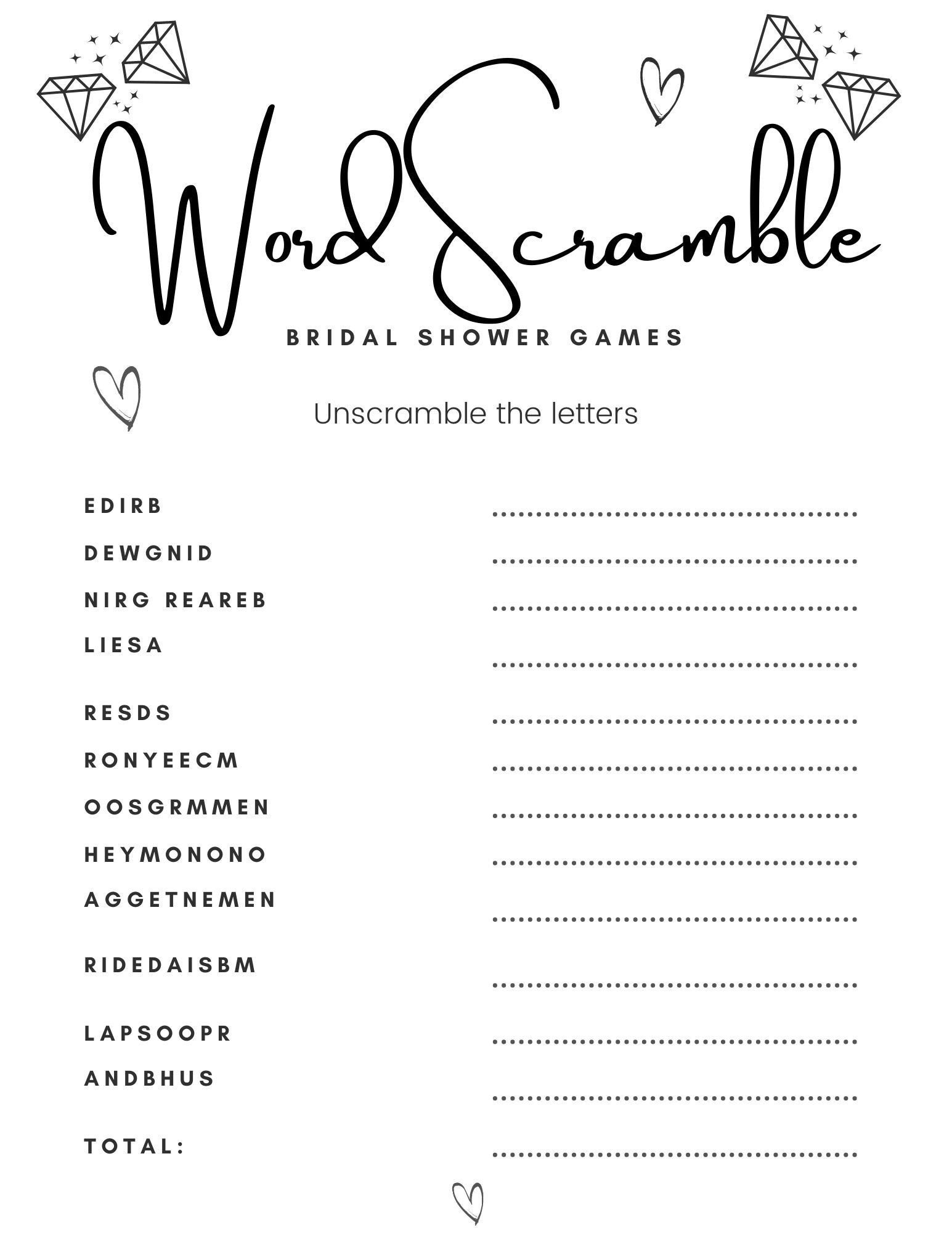 Bridal Shower Games Printable, Wedding Word Scramble Printable in Games For Bridal Shower Printable