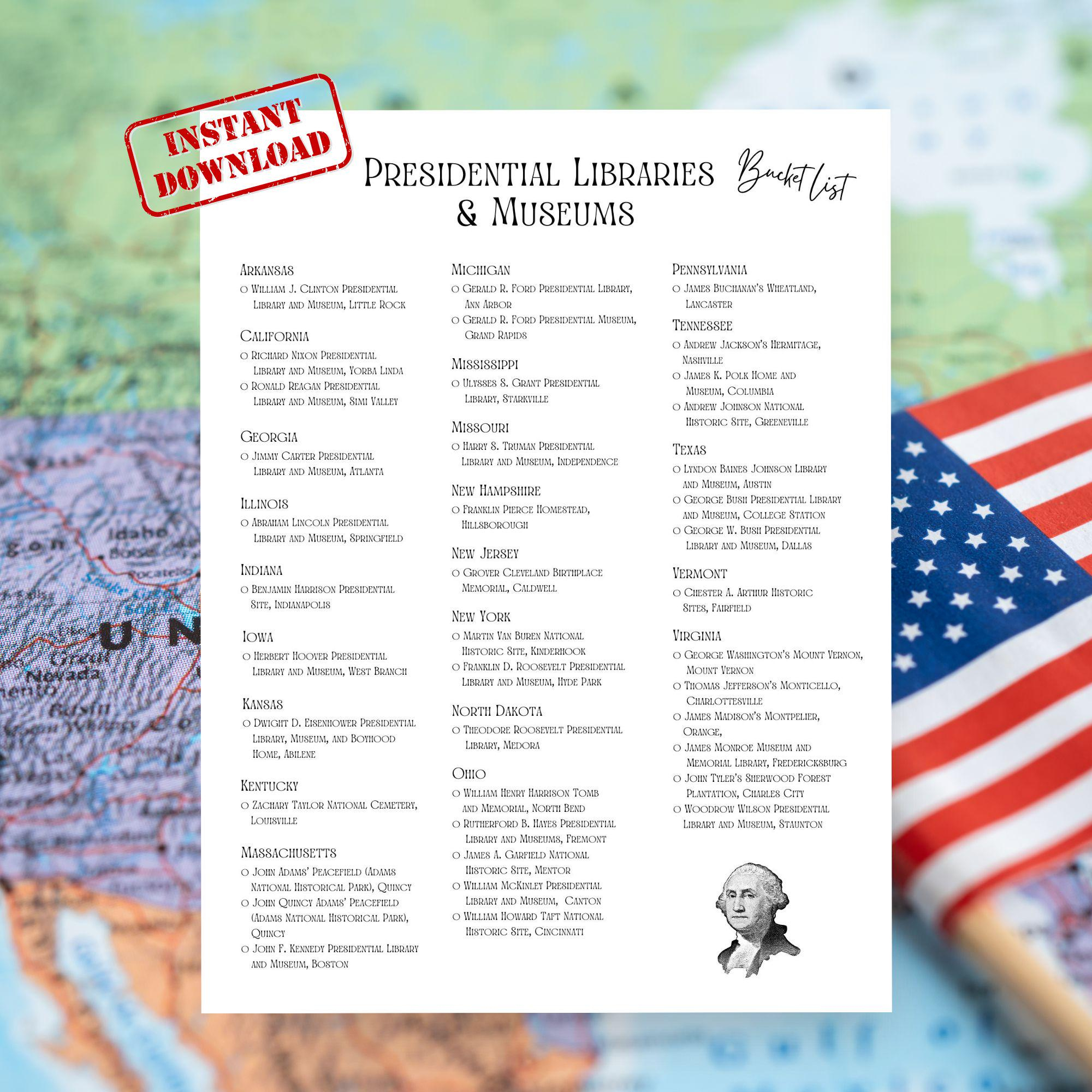 Checkliste Für Bibliotheken &amp;amp; Museen: Usa Travel Bucket List (Pdf regarding Printable List of Presidential Libraries