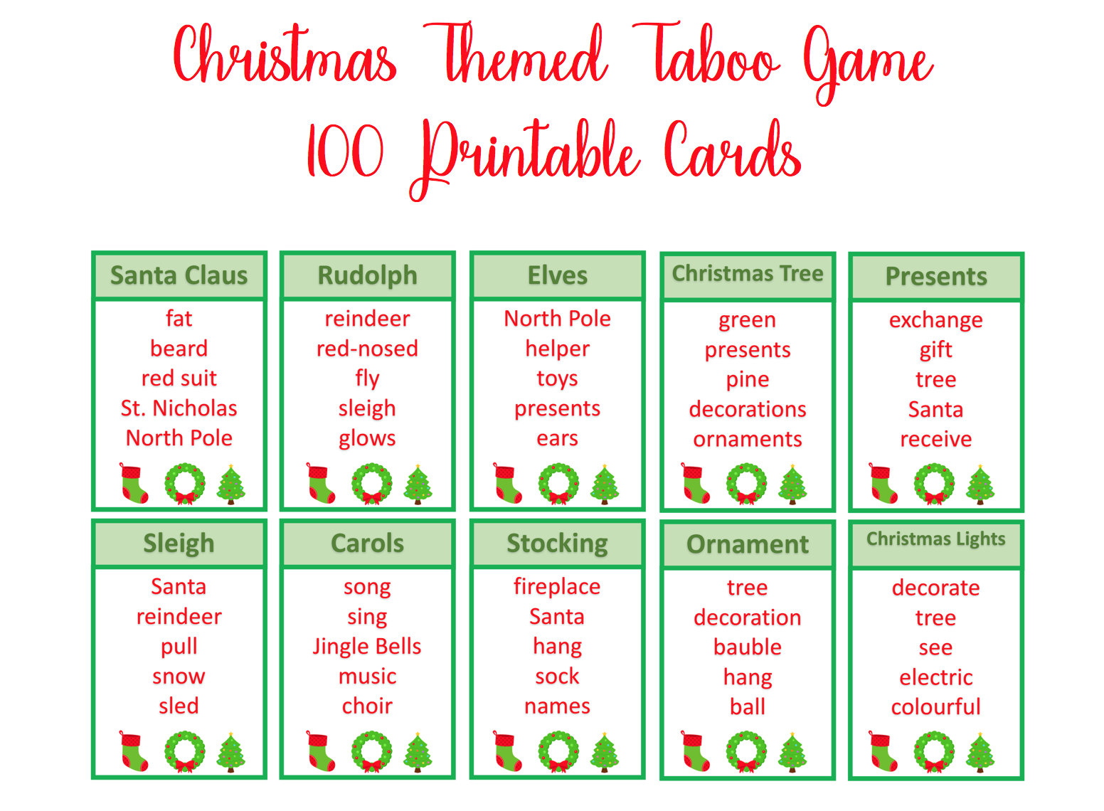 Christmas Taboo Game, Unspeakable Game, Christmas Printable in Christmas Taboo Game Free Printable
