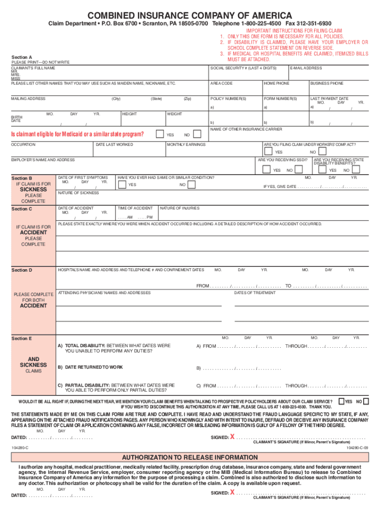 Combined Insurance Claim Forms Printable: Fill Out &amp;amp; Sign Online in Combined Insurance Claim Forms Printable