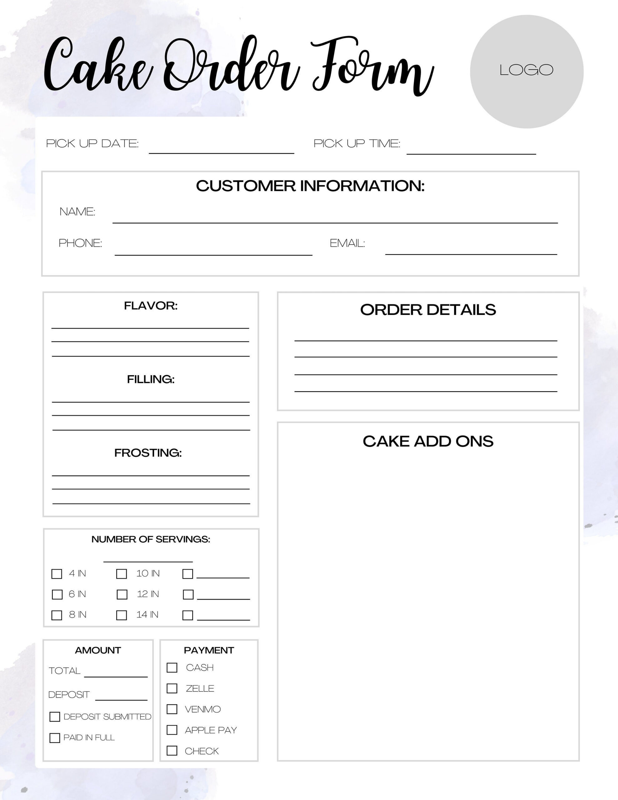 Customizable Cake Order Form, Order Form Template, Printable Order with Printable Home Bakery Order Form
