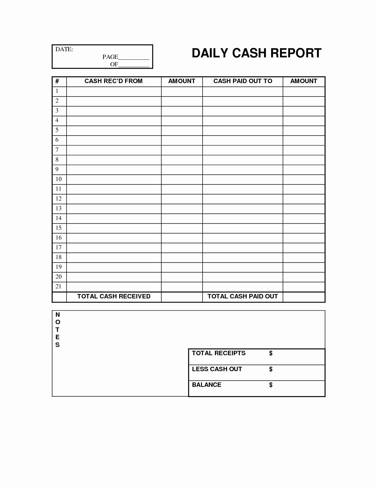 Daily Cash Report Template for Printable Daily Cash Log Template