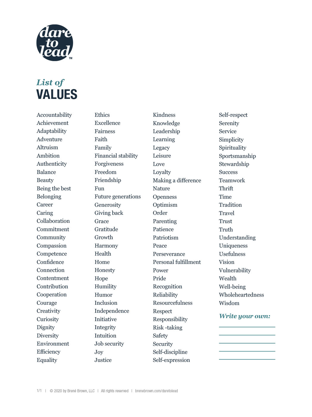 Dare To Lead | List Of Values - Brené Brown inside Free Printable Core Values Worksheet