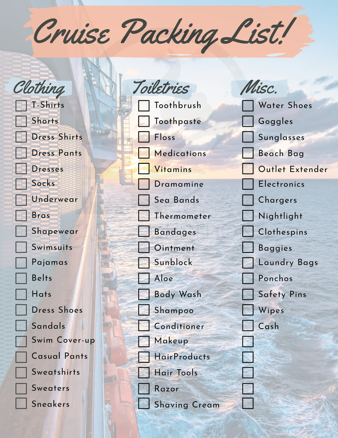 Digital Download | Cruise Packing List | Printable Pdf | Letter inside Packing List For a Cruise Printable