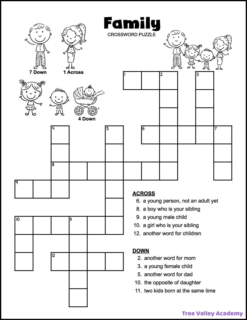 Easy Family Crossword Puzzle - Tree Valley Academy inside Crossword Puzzles Easy Free Printable