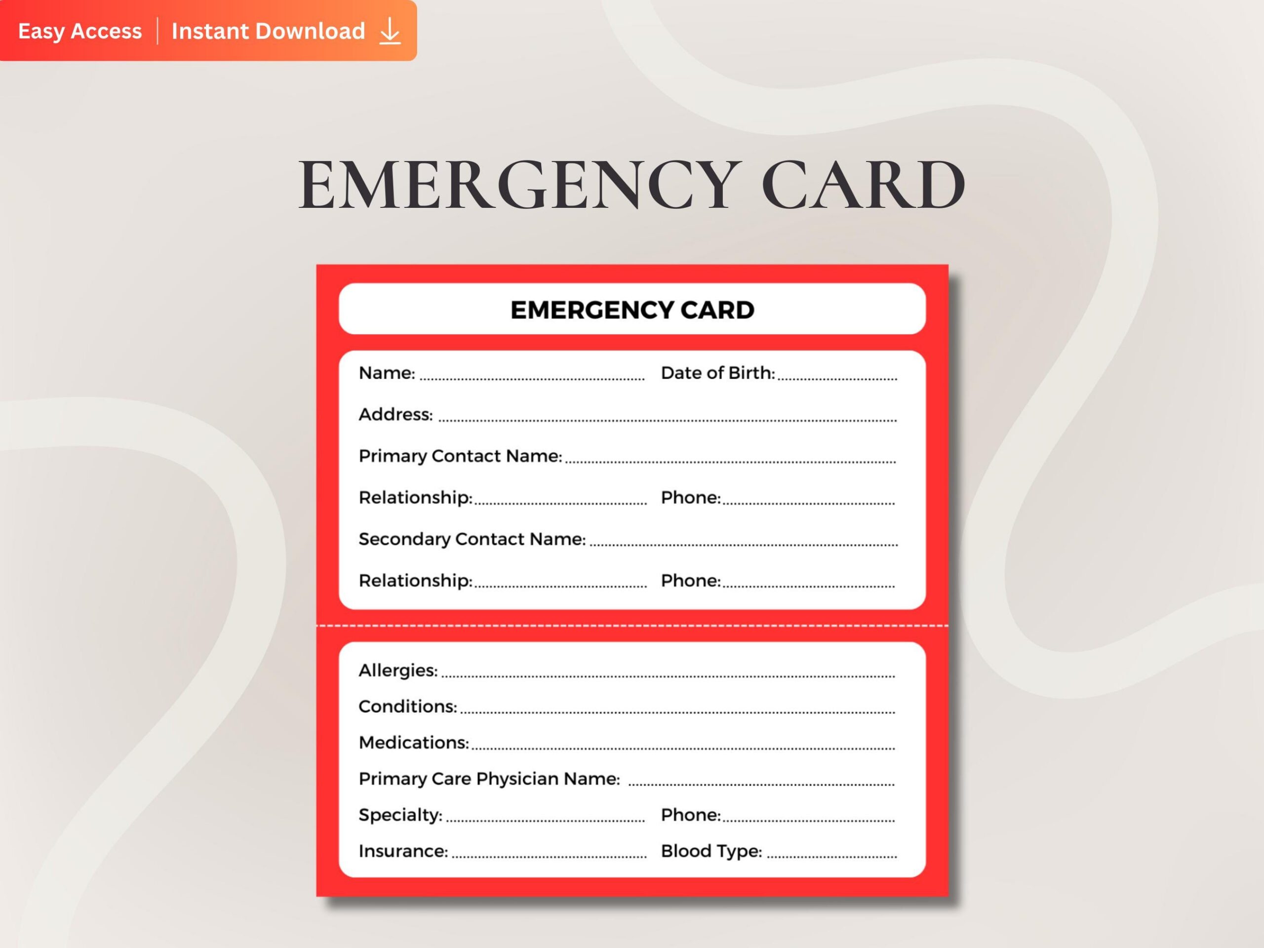 Emergency Contact Card Template, Printable Emergency Wallet Card regarding Pdf Printable Emergency Card Template