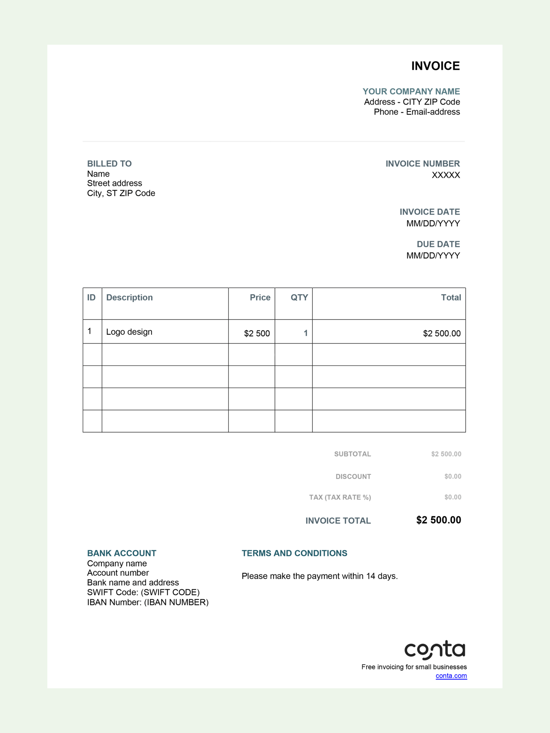 Free Blank Invoice Template For Excel | Blank Bill For Excel | Conta inside Blank Self Employed Printable Invoice Template