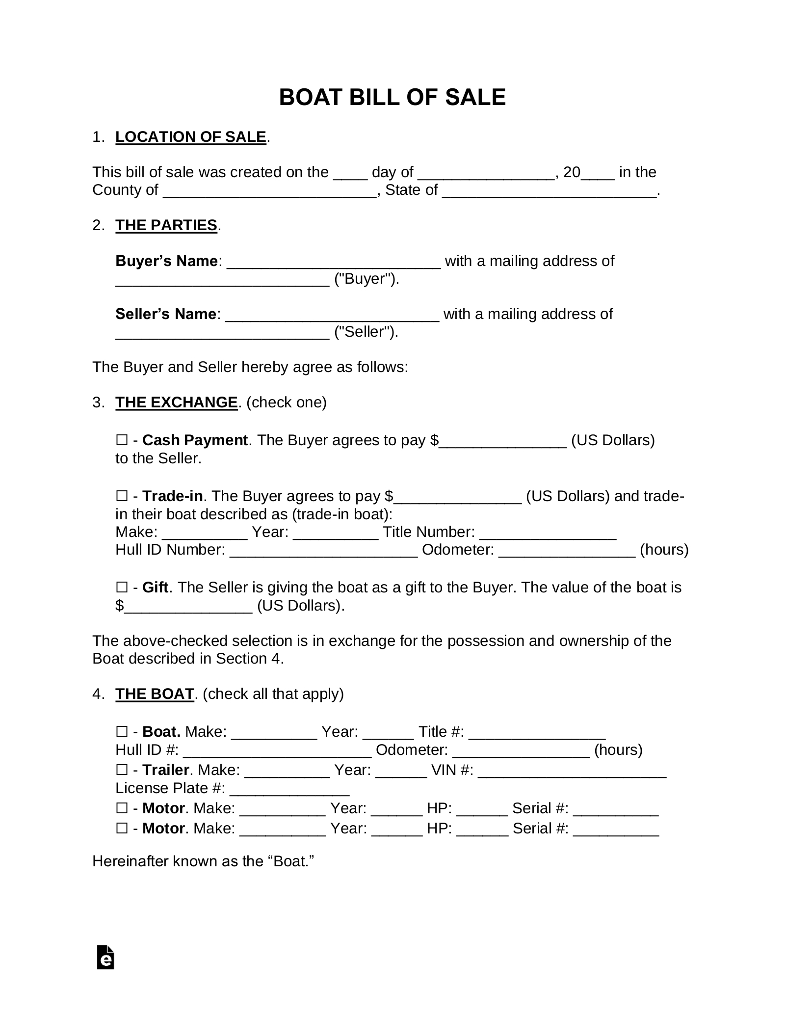 Free Boat Bill Of Sale - Pdf | Word – Eforms pertaining to Boat Bill of Sale Free Printable