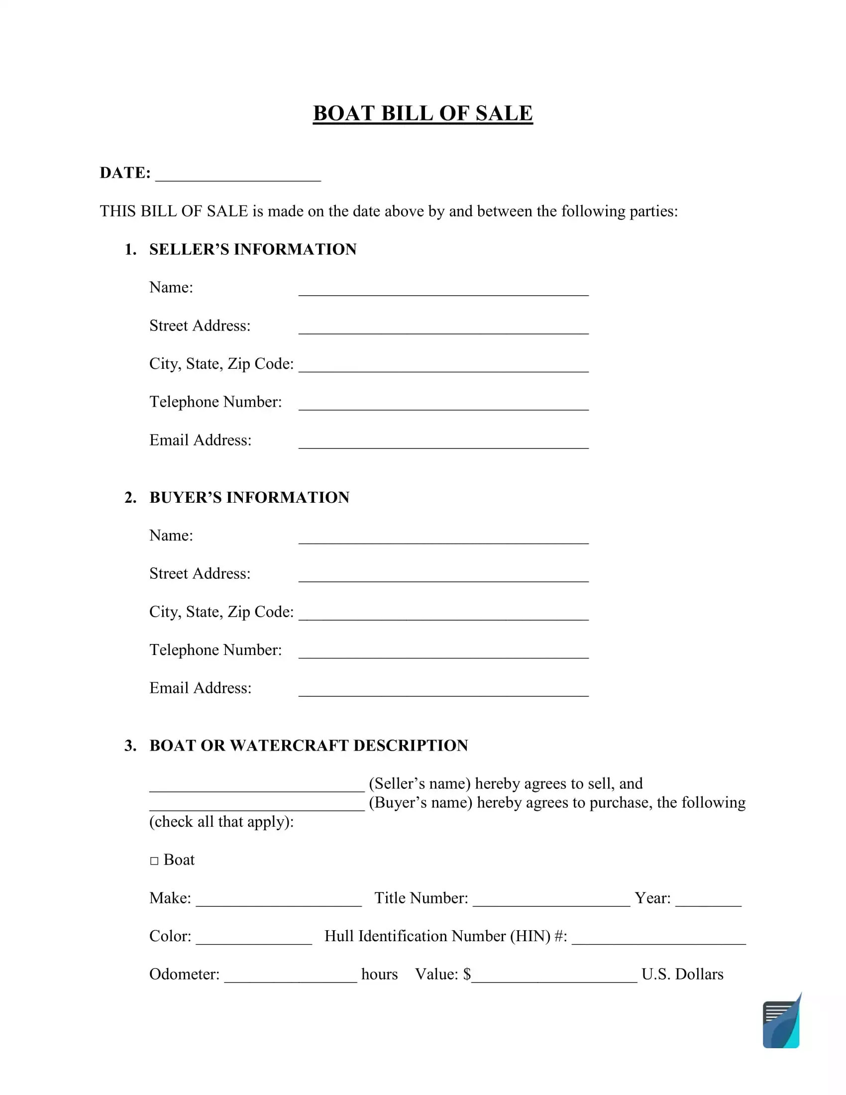 Free Boat (Vessel) Bill Of Sale Form | Watercraft Bill Of Sale within Boat Bill Of Sale Free Printable