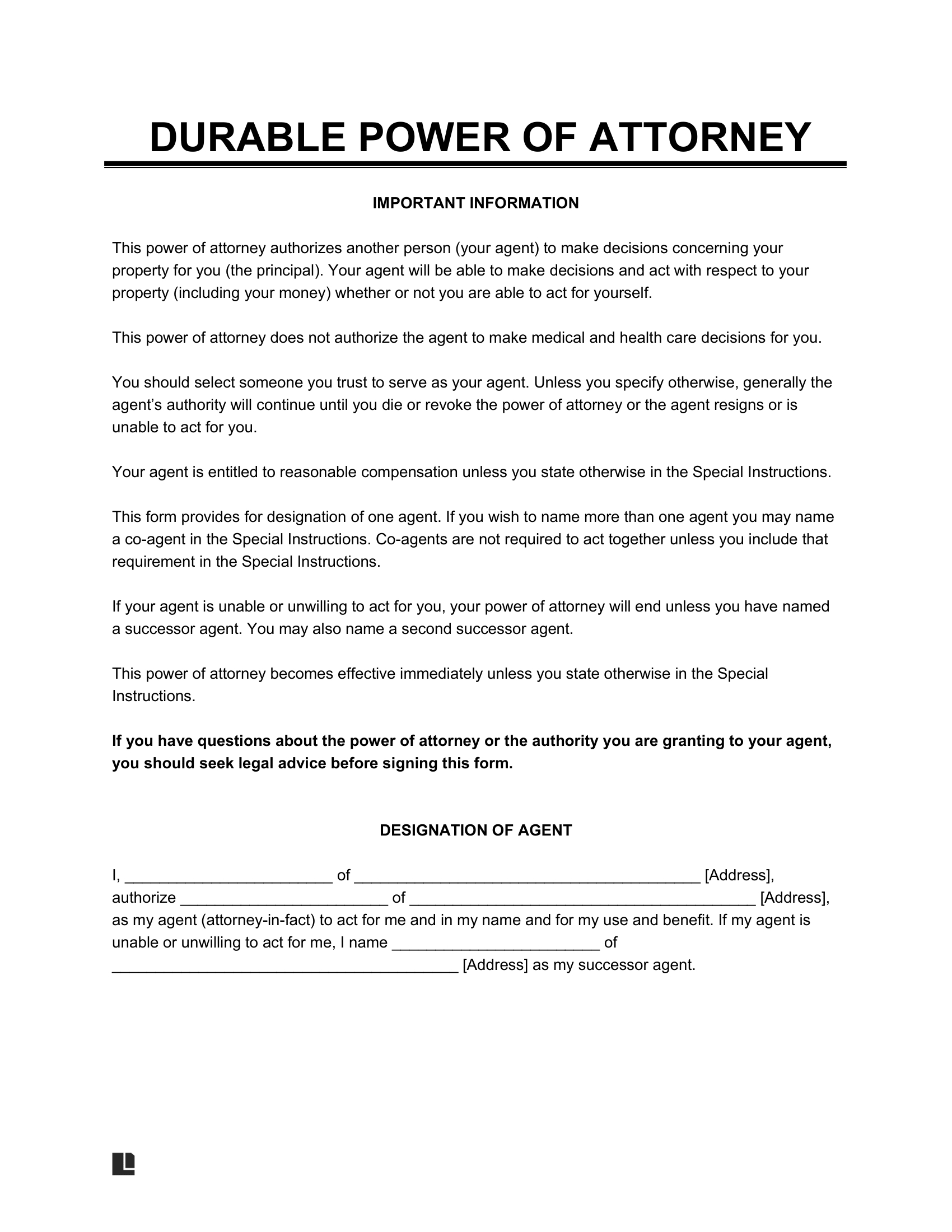 Free Durable Power Of Attorney Form | Pdf &amp;amp; Word within Printable Durable Power of Attorney