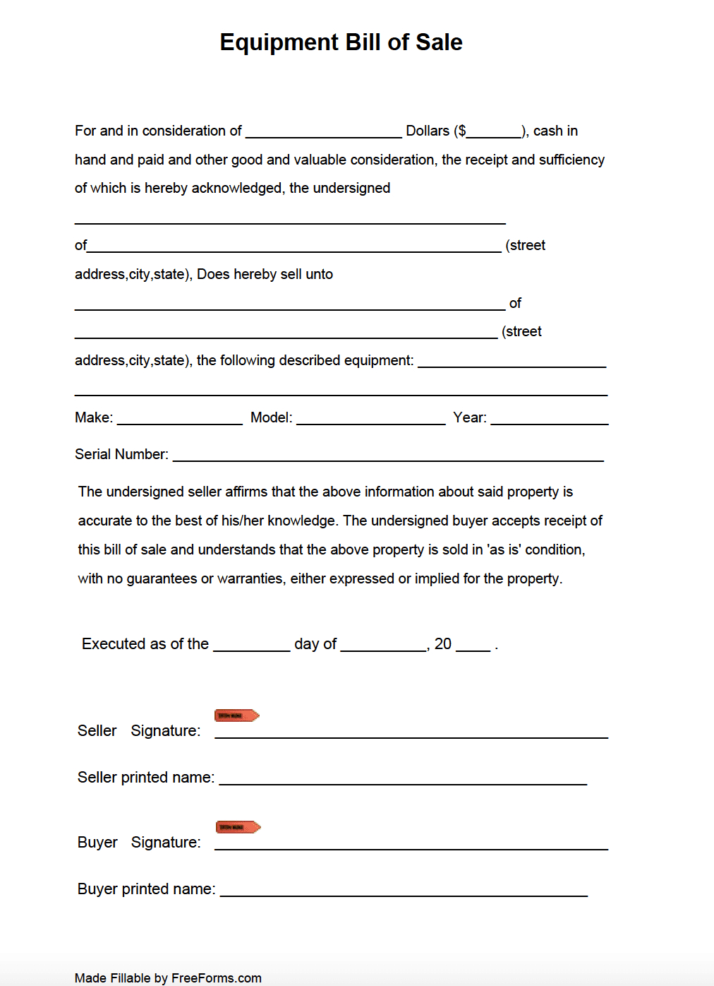 Free Equipment Bill Of Sale Form | Pdf intended for Equipment Bill of Sale Printable