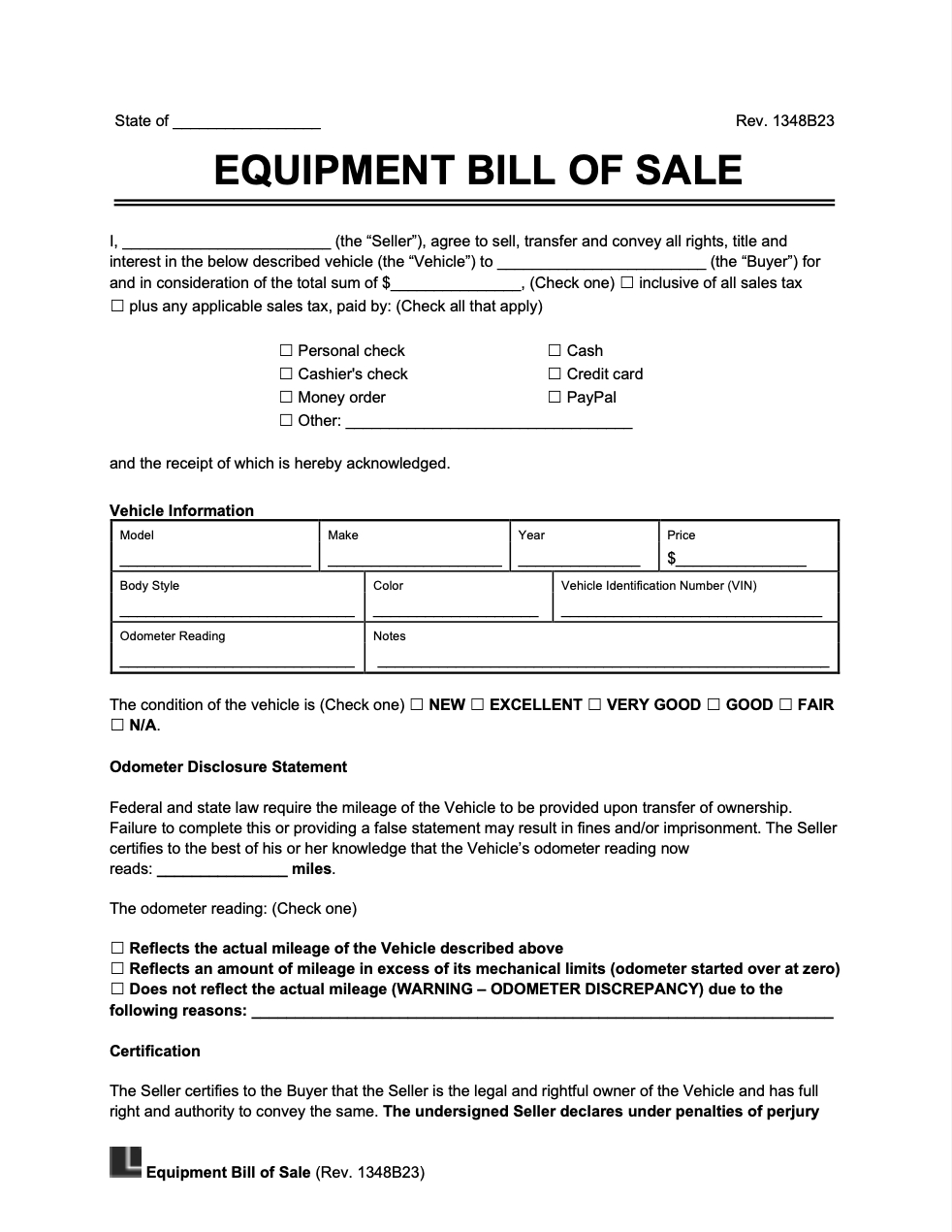 Free Equipment (Heavy/Farm) Bill Of Sale Template | Pdf &amp;amp; Word within Equipment Bill Of Sale Printable