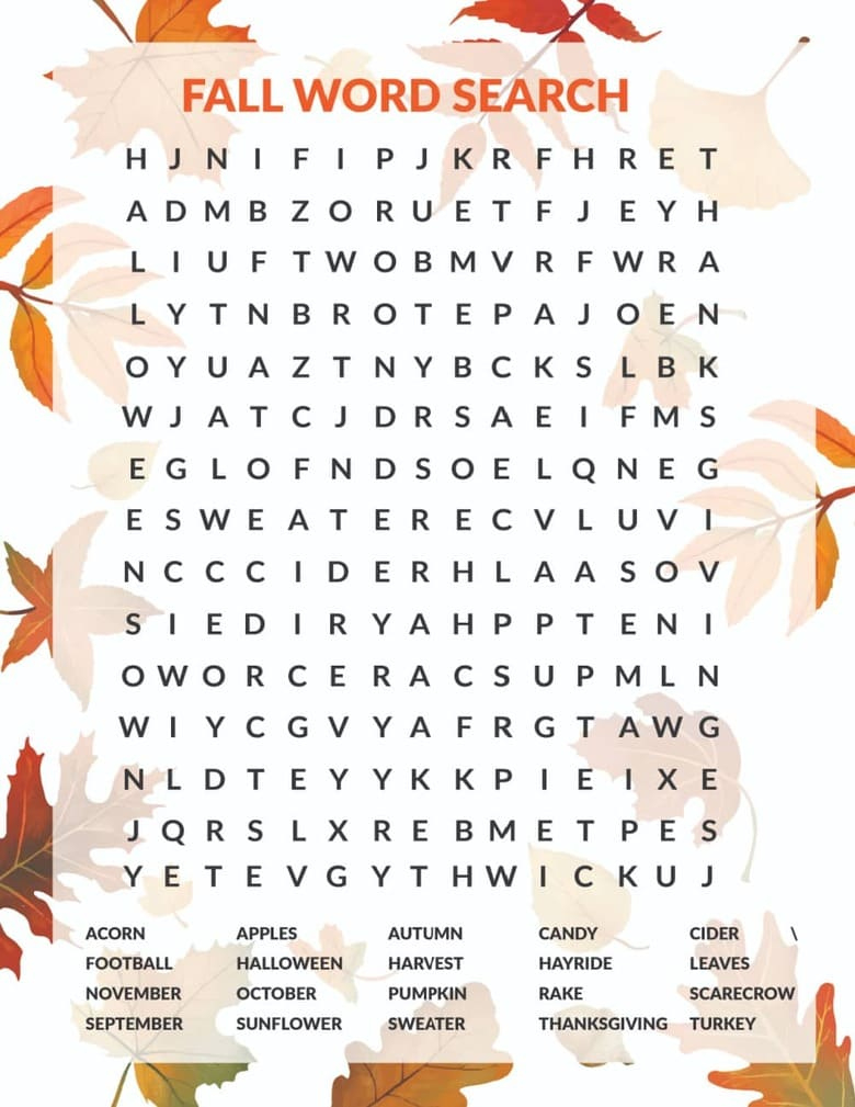 Free Fall Word Search Printable with Free Printable Word Searches For Fall