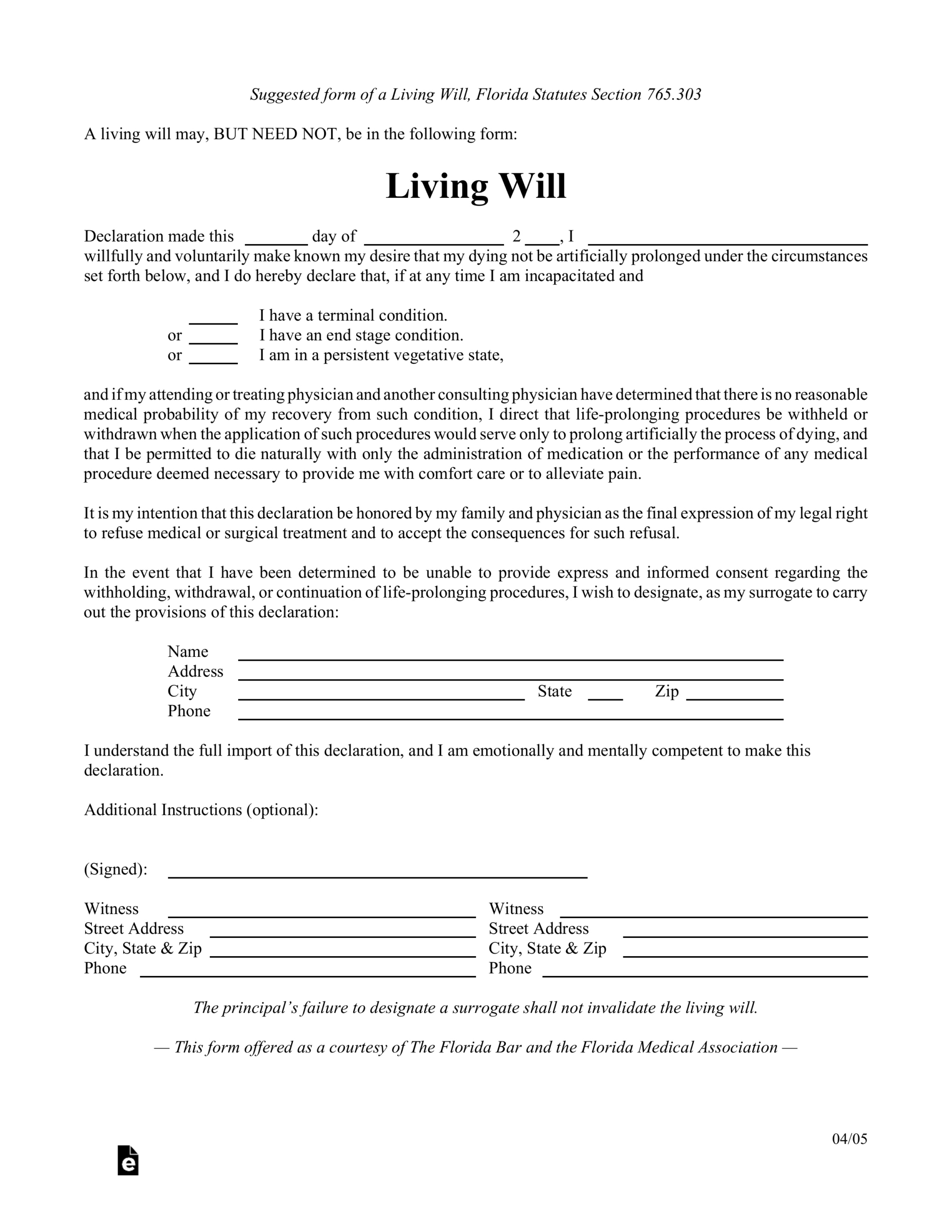 Free Florida Living Will Form Template - Pdf – Eforms throughout Free Printable Living Will Form