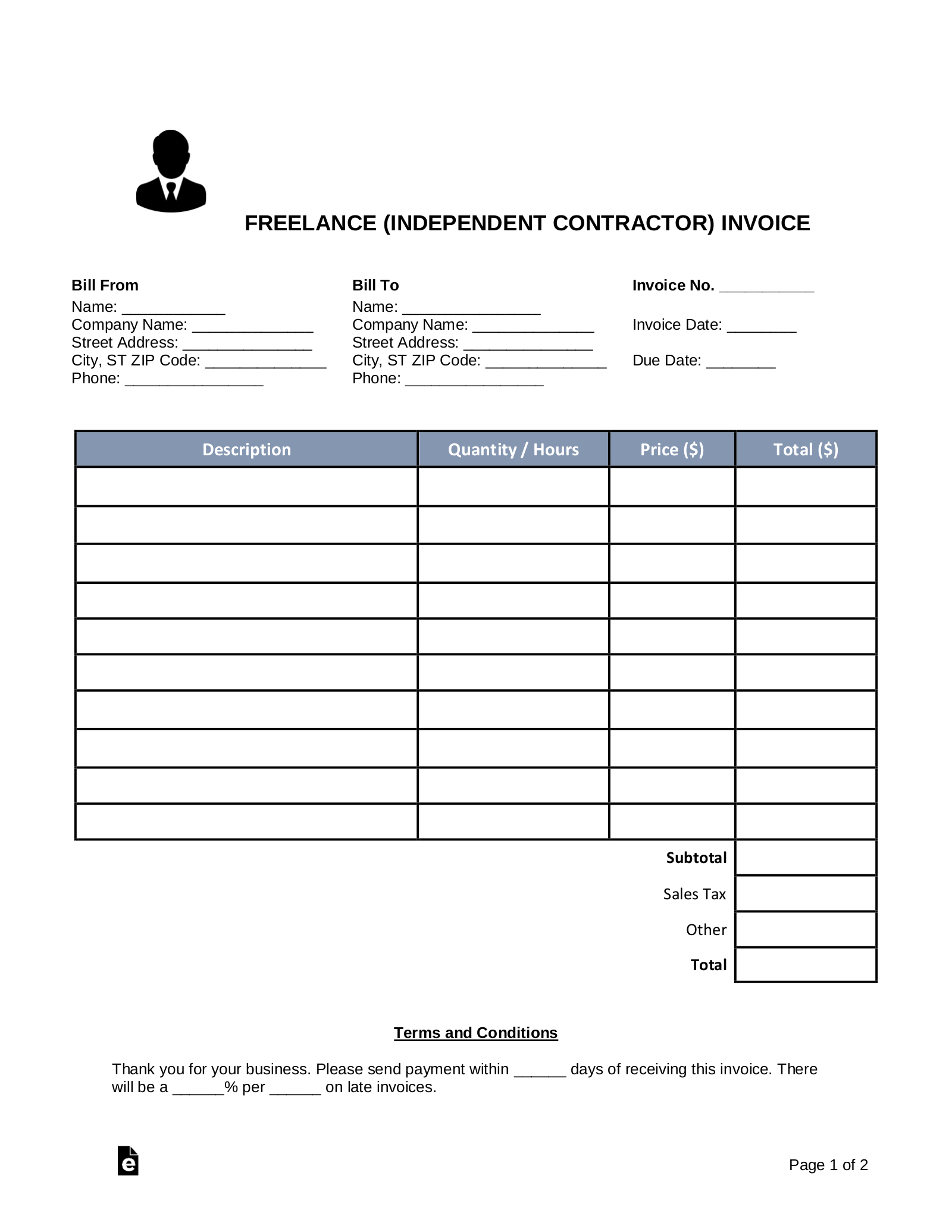 Free Freelance (Independent Contractor) Invoice Template - Pdf inside Blank Self Employed Printable Invoice Template