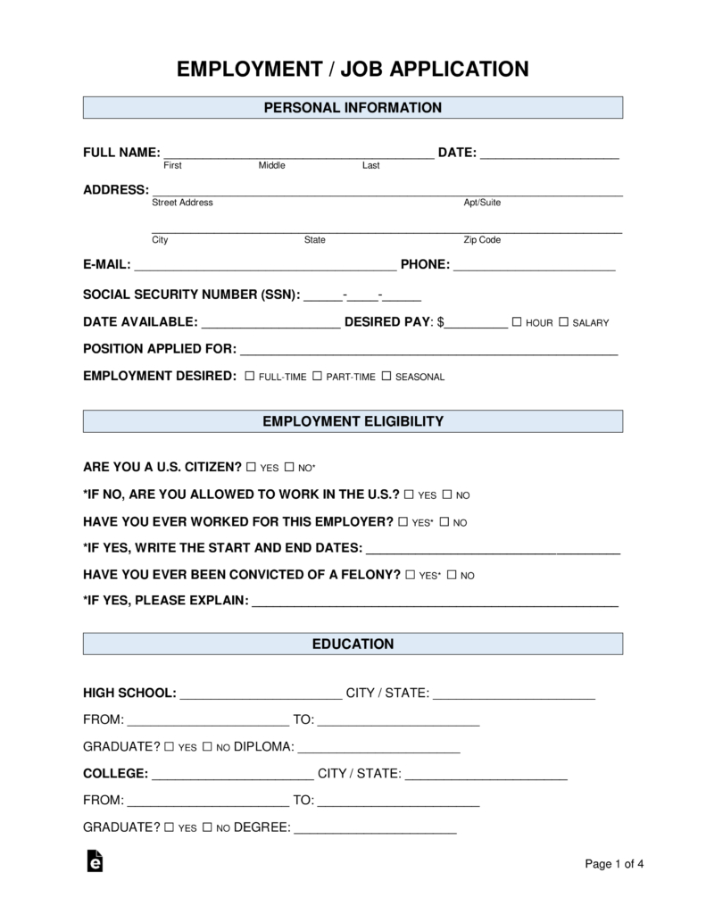 Free Job Application Forms (2) - Pdf | Word – Eforms within Free Printable Application For Employment