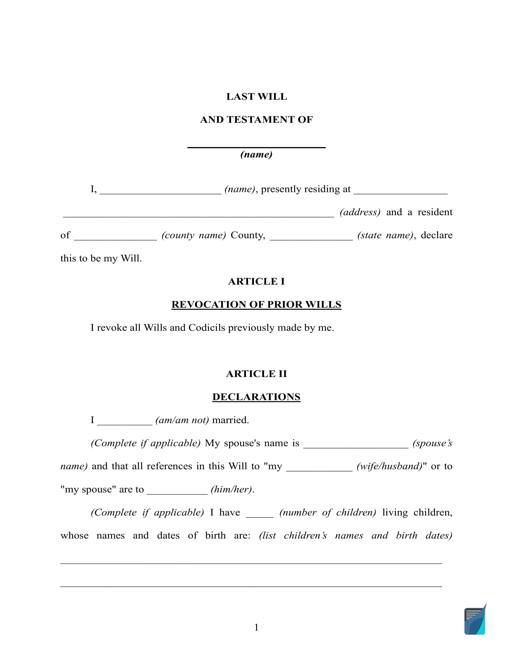 Free Last Will And Testament Template ⇒ Will Forms In Pdf And Doc within Printable Simple Last Will and Testament Forms
