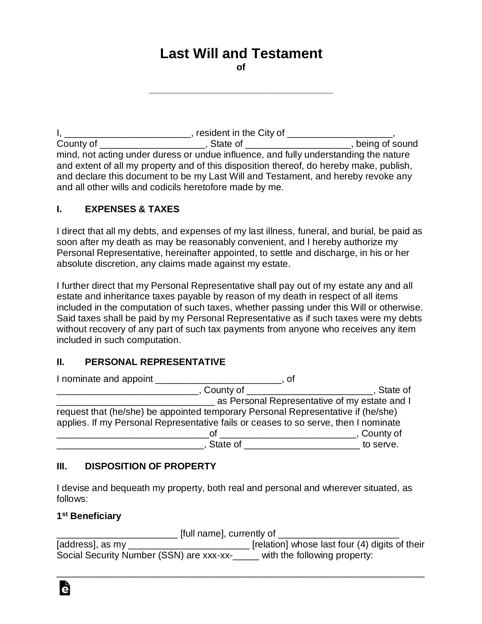 Free Last Will And Testament (Will) - Pdf | Word – Eforms inside Printable Simple Last Will and Testament Forms