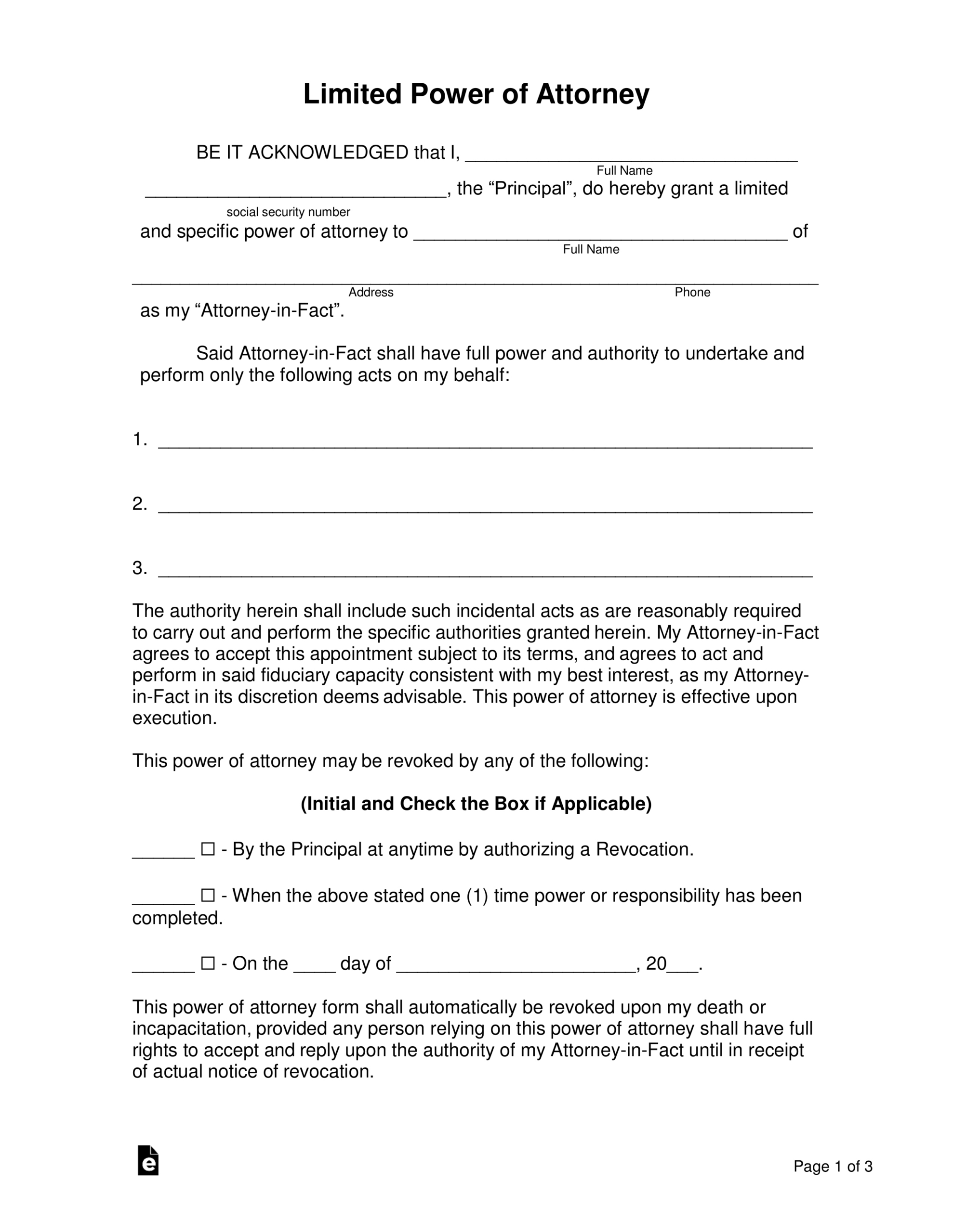 Free Limited (Special) Power Of Attorney Form - Pdf | Word – Eforms intended for Free Printable Power Attorney Form