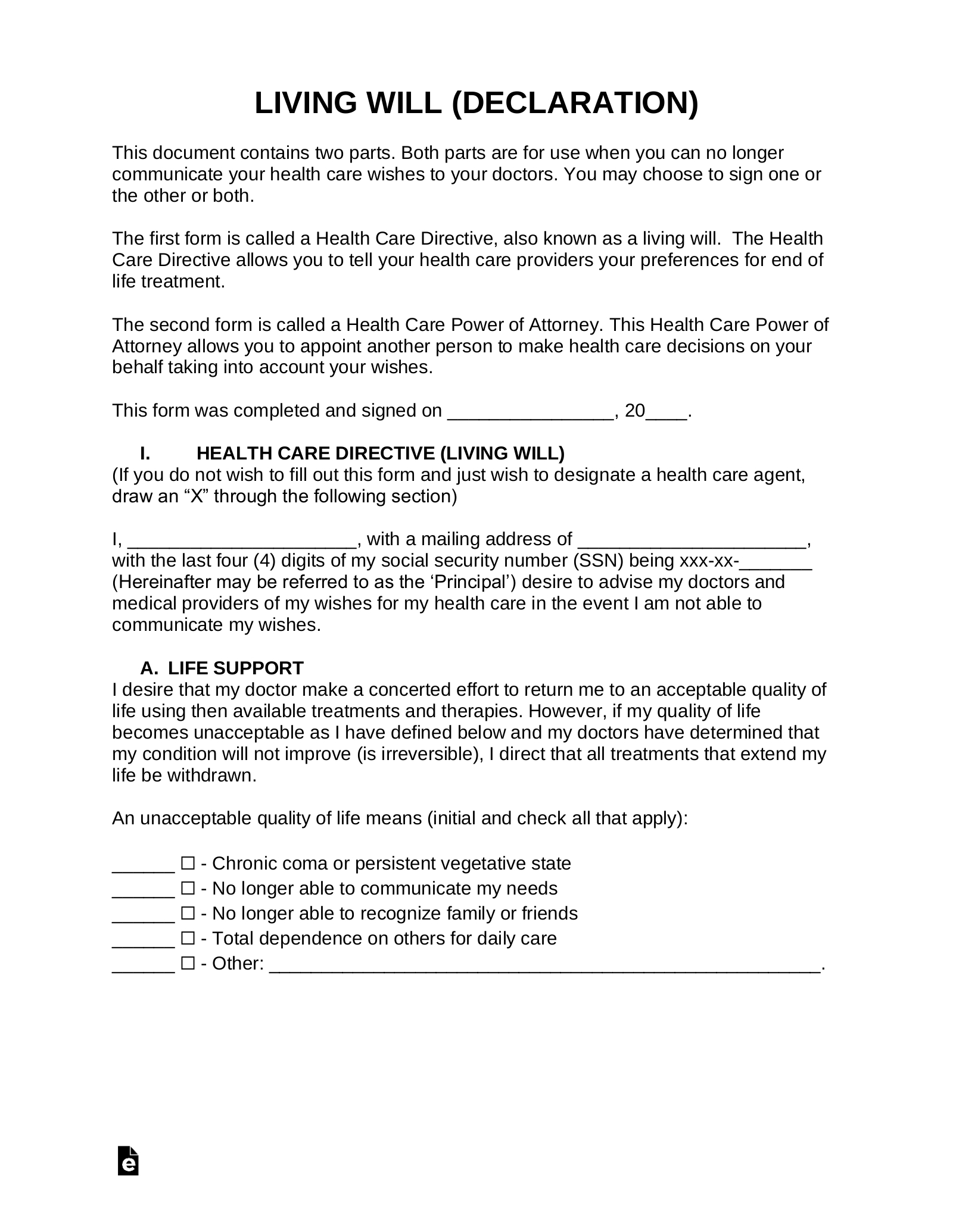 Free Living Will Form (Health Care Directive) - Pdf | Word – Eforms within Free Printable Living Will Form