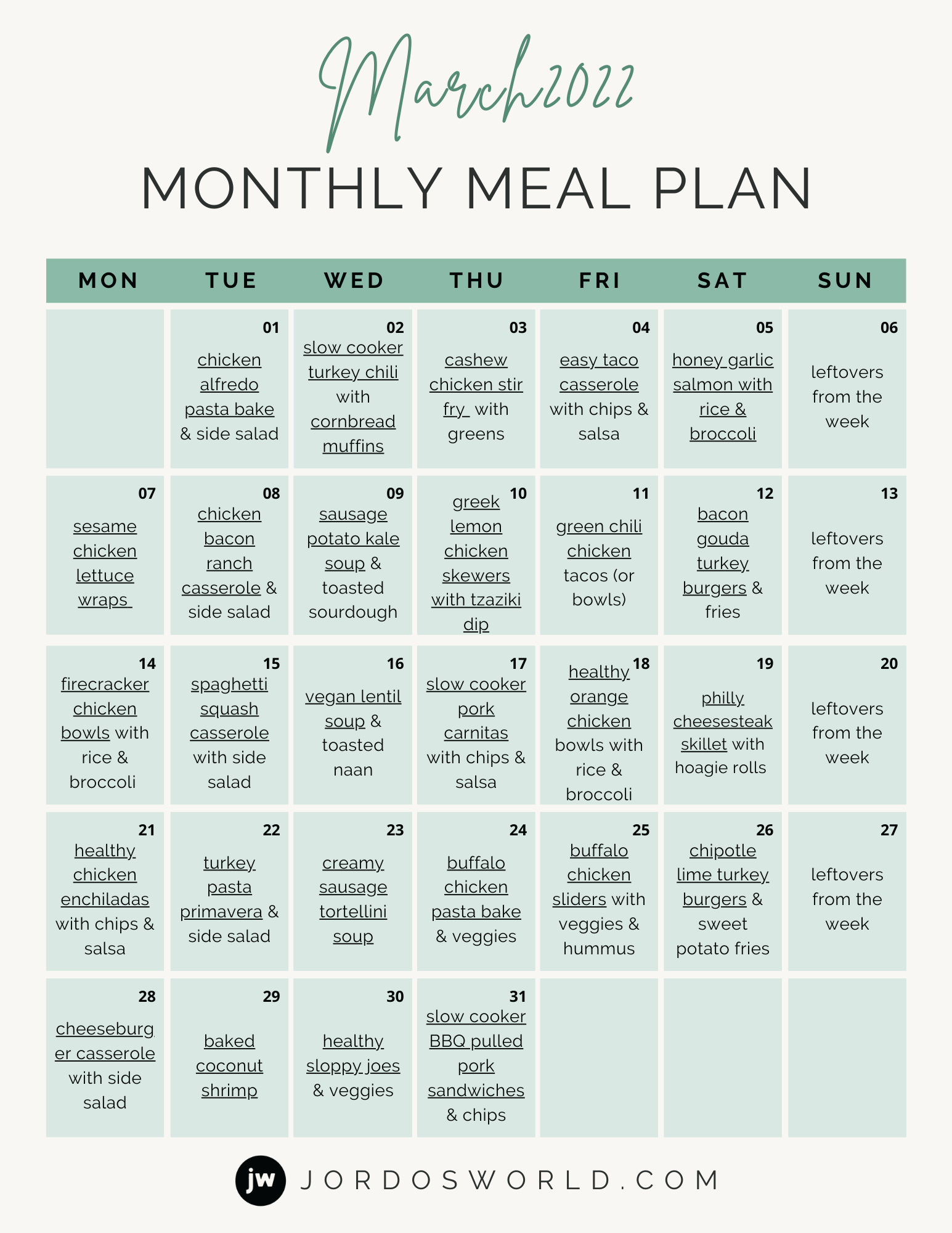 Free Monthly Meal Plan - Jordo&amp;#039;S World intended for Printable Clean Eating Meal Plan