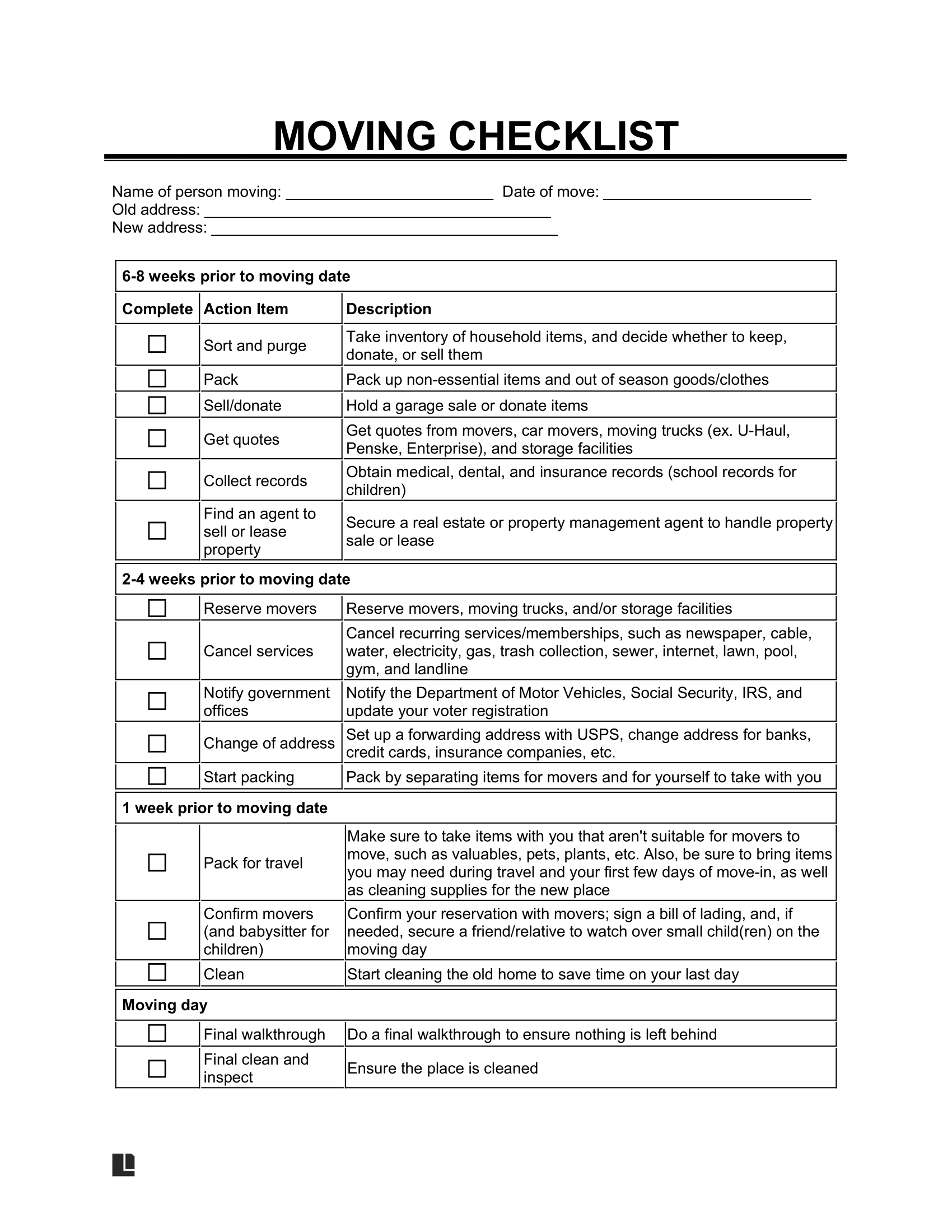 Free Moving Checklist Template | Printable | Pdf &amp;amp; Word throughout Best Free Printable Moving Checklist
