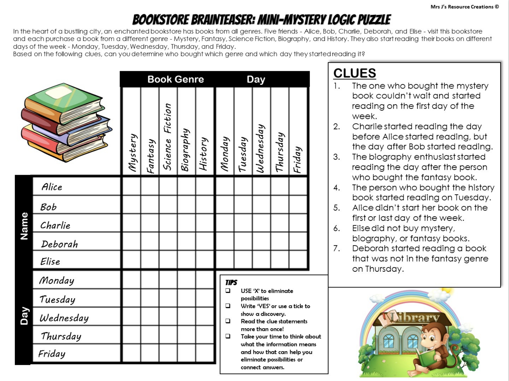 Free Mystery Logic Puzzle For Book Week - Top-Rated Teaching in Logic Puzzles with Grids Printable