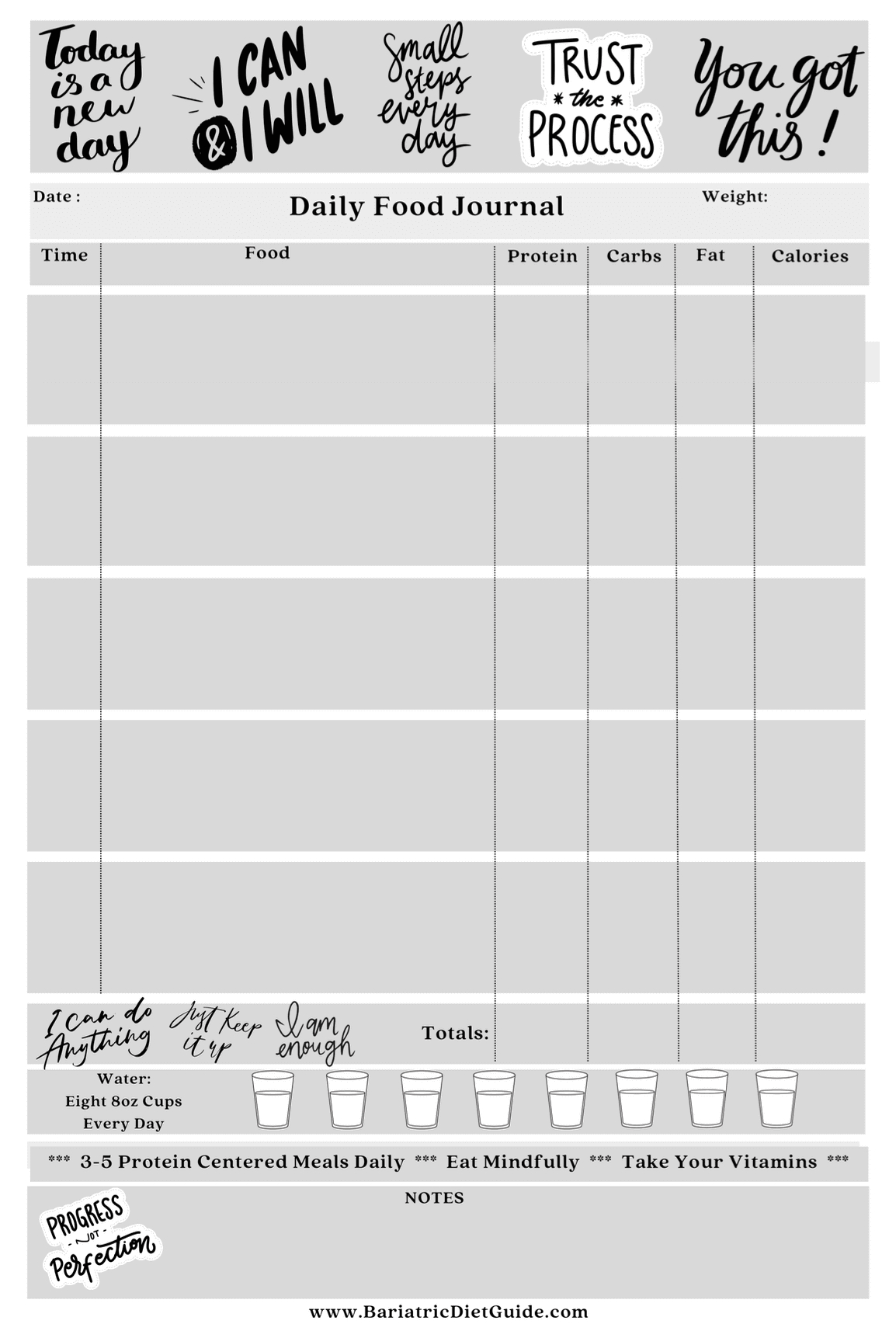 Free Printable Bariatric Food Journal inside Printable Bariatric Meal Plan