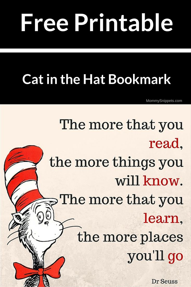 Free Printable Cat In The Hat Bookmark- Mommysnippets intended for Printable Cat in the Hat