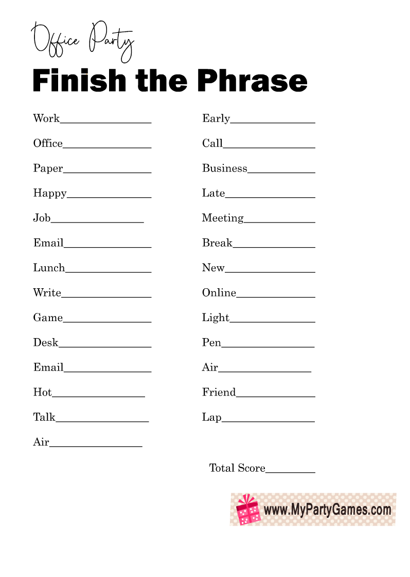 Free Printable Finish The Phrase, Office Party Game throughout Finish The Saying Quiz With Answers Printable