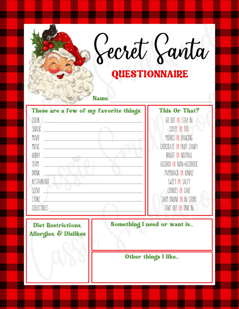 Free Printable Secret Santa Questionnaire Templates - Cassie Smallwood throughout Printable Office Secret Santa Questions