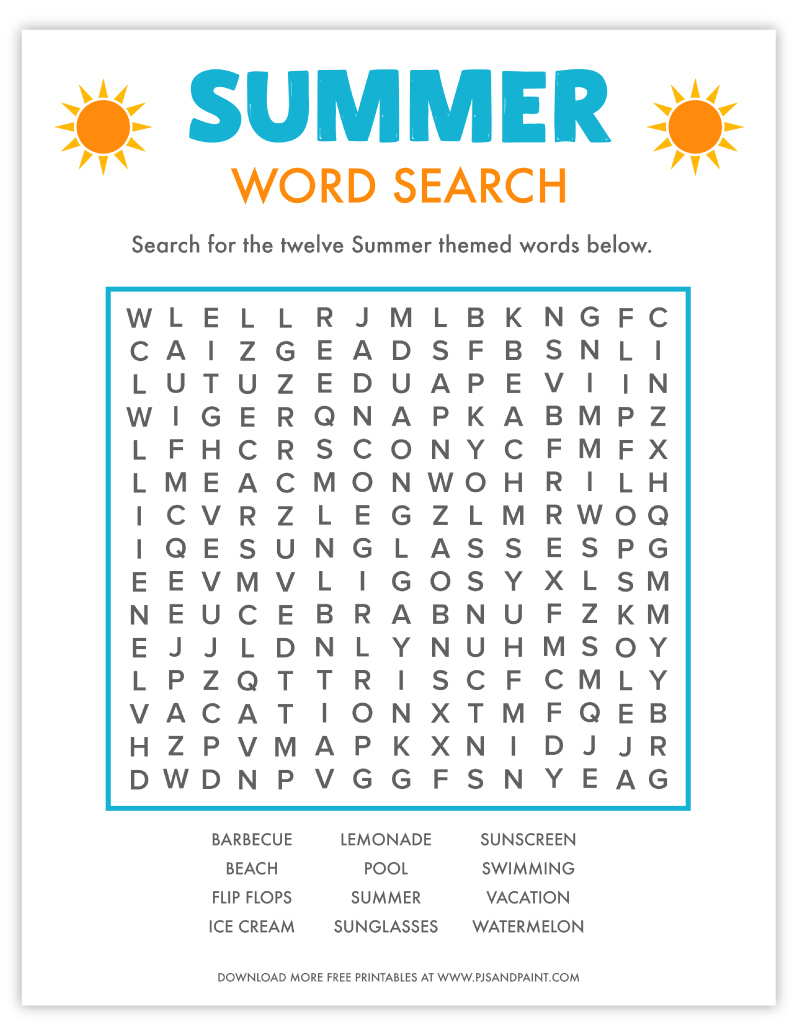 Free Printable Summer Word Search - Pjs And Paint within Free Summer Word Search Printable