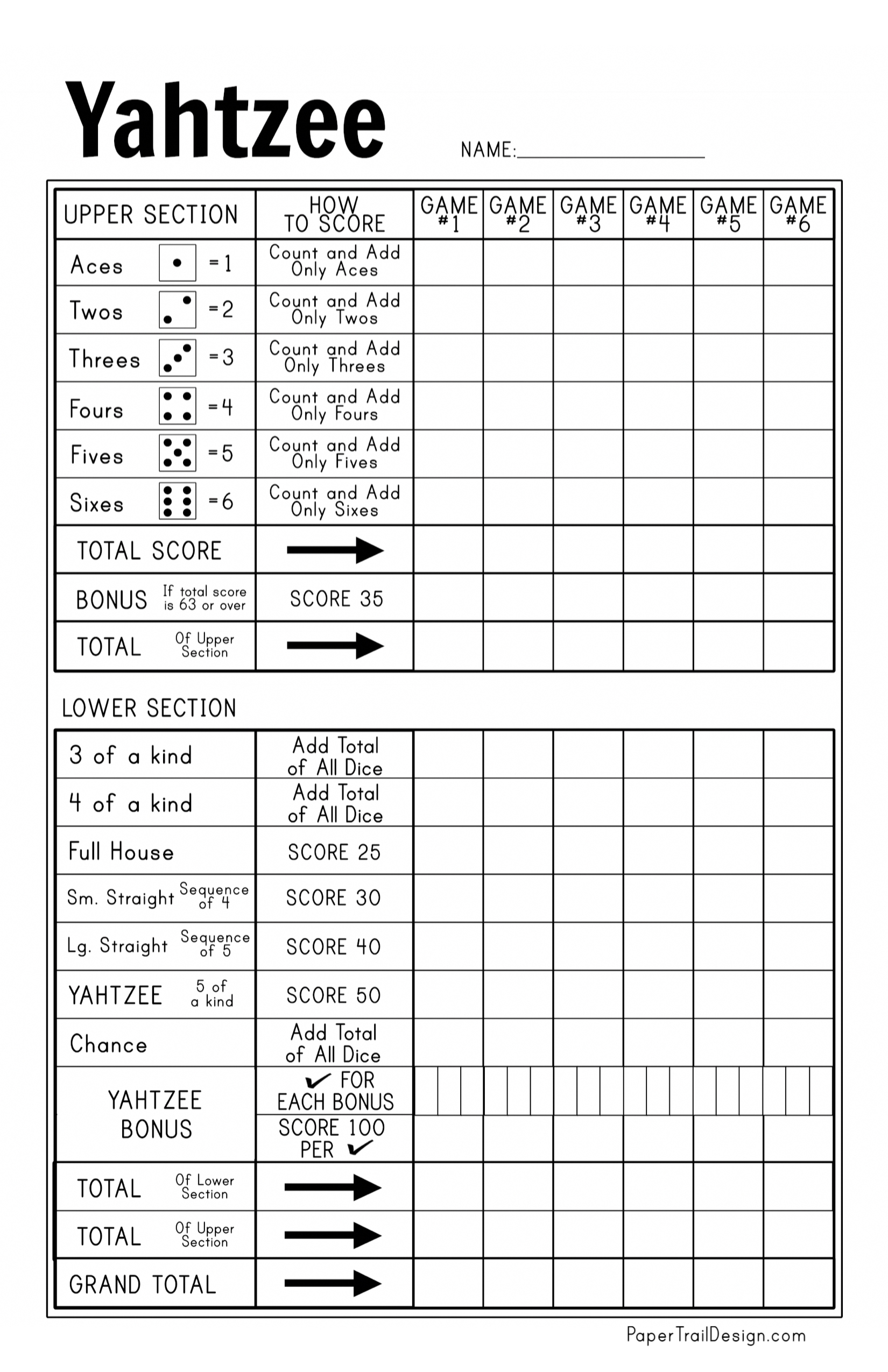 Free Printable Yahtzee Score Card - Paper Trail Design in Yahtzee Score Sheets Free Printable
