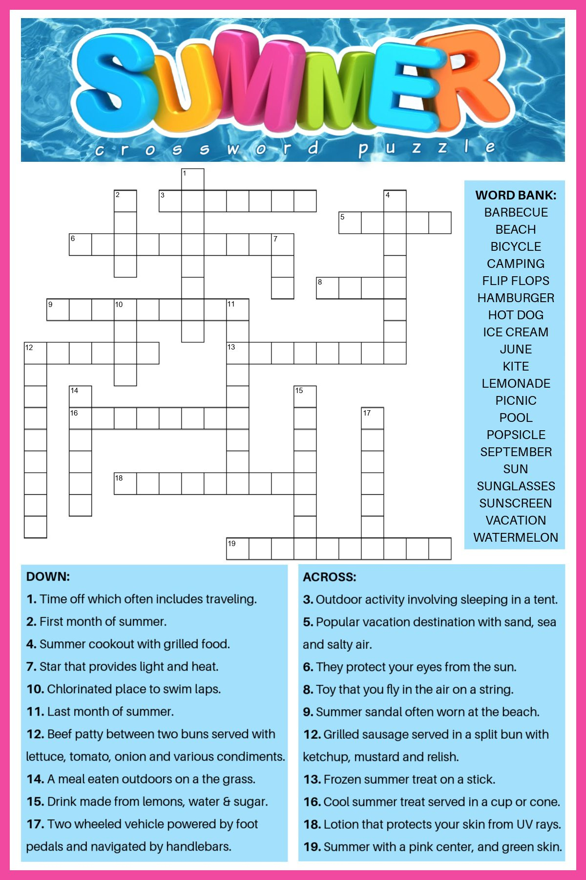 Free Summer Crossword Puzzle (2 Versions) - Answers Included pertaining to Free Printable Crossword Puzzles Adults
